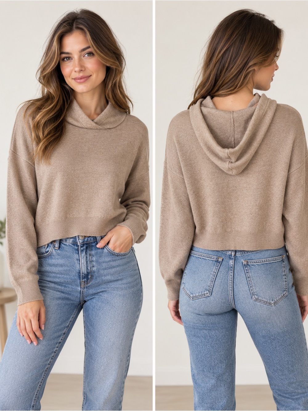 Unbranded Cozy Taupe Hooded Cropped Sweater Size S or M Minimalist Fall Neutral